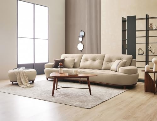 Image of Fabrique Sirenize Leatherette 4 Seater with Puffy Moden Designr Cream Teak Wood Base Sofa Set | Comfortable Furniture for Home Office & Living Room | Easy to Move with Stainless Steel Legs