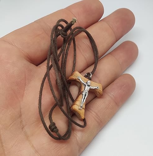 Tau Crucifix St. Saint Francis Olive Wood Cross With Necklace Cord Rope 1 inc With Silver Crucifix3