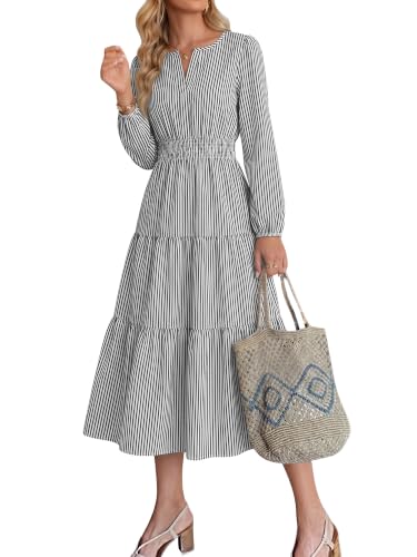 Caracilia Womens Long Sleeve Fall Wedding Guest Midi Dresses with Pockets | Gingham Striped Fabic, V Neck Elastic Waist Flowy A Line Casual Boho Maxi Dress, Versatile for Church Vacation Autumn Winter