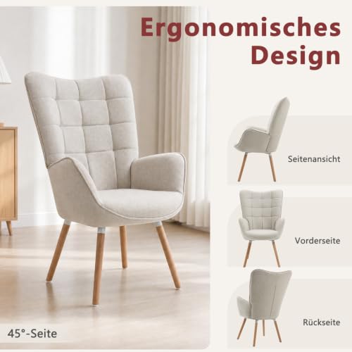 MEUBLE Cosy Sessel Relaxsessel Lehnstühle Polstersessel Einzelsofa mit Holzbein Ohrensessel für Wohnzimmer Schlafzimmer Büro Vanity, Stoff, Beige