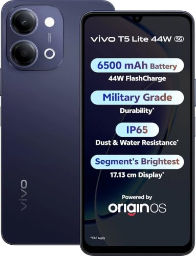 Image of vivo T5 Lite 44W 5G (Twilight Shadow, 6GB RAM, 128GB Storage) | MediaTek Dimensity 6300 5G Processor | 50MP AI Dual Rear Camera | 5MP Front Camera | 6.74-inch Display | 6500mAh Battery |