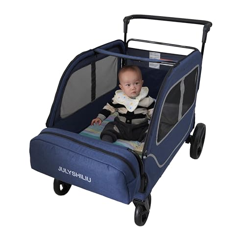 JULYSHILIU Wagon for Kids 4 Seater Wagon Stroller Travel All Terrain Foldable 2 3 5 Year Old Toddlers Child Twins Triplet Quad Stroller with Bench Seat Storage (Deep Blue) - Thumbnail 6