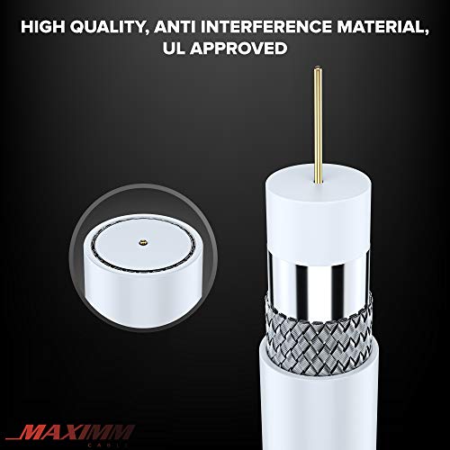 Coaxial Cable RG Coax Cord 50 Feet (White), Triple Shielded Wire CL3 F-Type Connectors