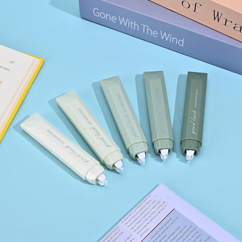 Temiary 5 Pcs White Correction Tapes, Aesthetic Correction Tape Pens Smooth Pull Out, Easy to Use Pen Shaped Applicator for Students School Office Supplies (Green) - Thumbnail 5