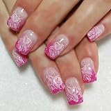 Glitter French Tip Press on Nails Square Fake Nails Gradient with Daily all-match French Pink Flower Designs,Glossy Acrylic Medium Full Cover Stick on Nails Spring Floral Artificial Nails for Women