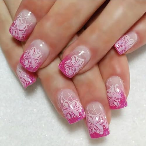 Glitter French Tip Press on Nails Square Fake Nails Gradient with Daily all-match French Pink Flower Designs,Glossy Acrylic Medium Full Cover Stick on Nails Spring Floral Artificial Nails for Women