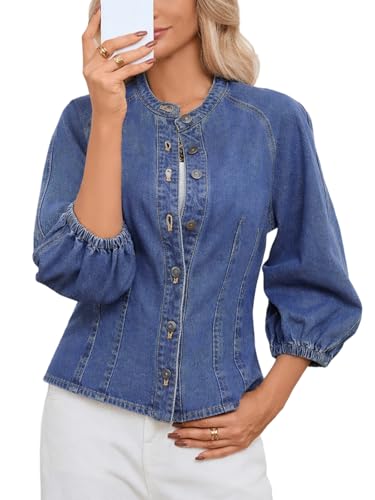 D-Sun Cropped Denim Jacket Women Balloon Sleeved Button Down Y2K Slim Fit Casual Jean Jacket Shacket
