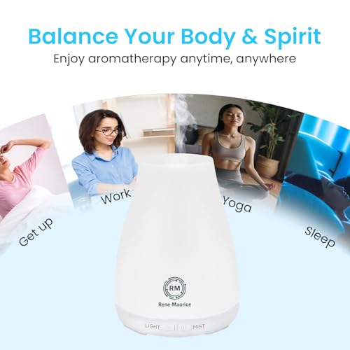 Image of Rene Maurice Ultrasonic Cool Mist Humidifier 200ml for Room Moisture, Baby, Cold & Cough | Aroma Diffuser with Essential Oils, Night Light, Auto Shut-Off, Perfect for Dry Skin & Plants