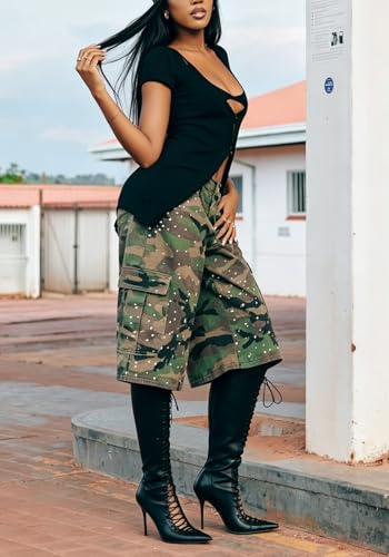 Image of Women's Barrel Camo Pants High Waisted Wide Leg Peated Palazzo Camouflage Capris Baggy Y2k Army Fatigue Trousers