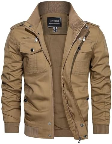 CRYSULLY Men's Spring Fall Casual Windbreaker Jacket Cargo Stand Collar Military Bomber Jackets Coat 2701/31
