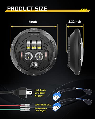 Co Light 7 Inch Round Led Headlights With Halo Angel Eyes Drl Amber Turn Signal Hi/Lo Sealed Beam Headlamp Dot Approved H6024, Compatible With Wrangler Jk Tj Lj Cj, With H4 To H13 Adapter, 2Pcs #TOP4
