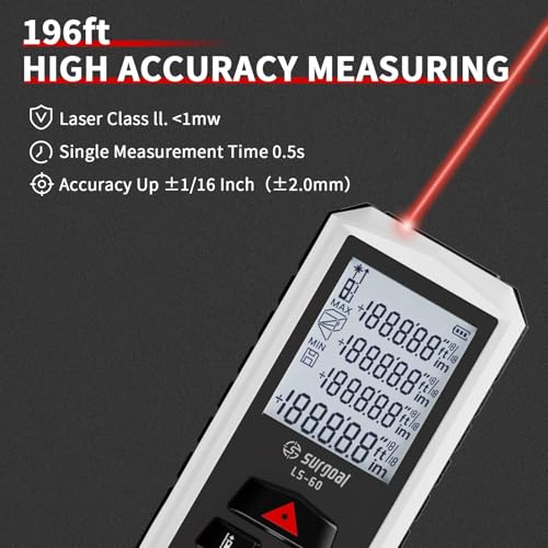 Laser Distance Meter 196ft Digital Laser Measuring Tool with LCD Backlit Display, Pythagorean Mode, Area & Volume Calculation, ±2mm Accuracy, Class II, Electronic Tape Measure for DIY and Construction