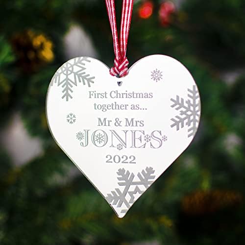 Personalised Mirrored Acrylic Heart Christmas Tree Decoration. 1st First Christmas Bauble Gift