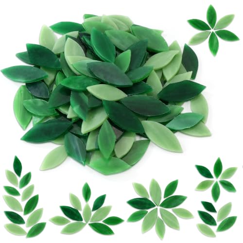 100 Pieces Petal Mosaic Tiles, Yoption Hand-Cut Stained Glass Flower Leaves Mosaic Tiles for Crafts and Home Decorations (Green Color Mixing)