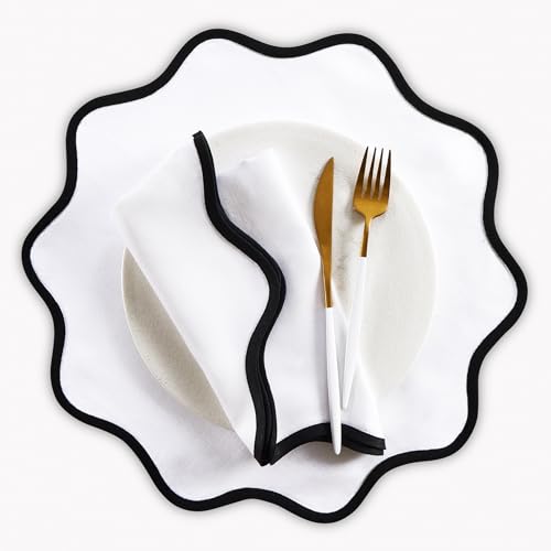 Solino Home Linen Scallop Cloth Placemats Set of 4-100% Pure Linen Black and White Round Placemats 16 Inch - Giselle Scallop Edge, Handcrafted and Machine Washable by Solino Home - Image 2