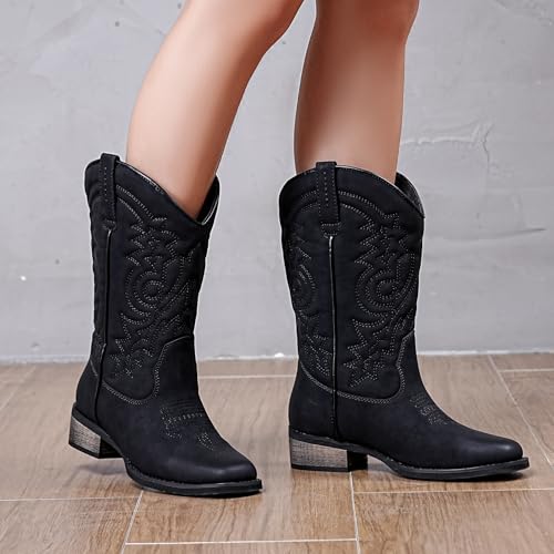 Image of ZOKSOVE Women's Cowboy Western Boots - Square Toe Wide Calf Boots - Low Heels Short Mid Calf Booties Shoes