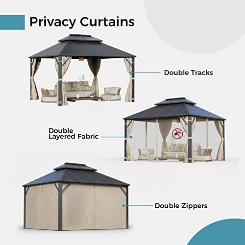 Aluminum Double Roof Outdoor Metal Gazebo, 10' X 12' Hard Top Gazebo, Double Vented Roof Pergola With Curtains And Netting, Terrace Lawn Yard Backyard Grille Gazebo Awning With Ceiling Hooks #TOP4