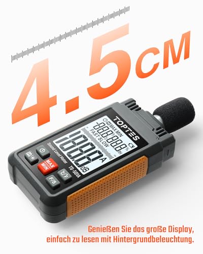 TopTes Schallpegelmesser, TS-501A Dezibel Messgerät mit 2,25-Zoll-LCD-Bildschirm mit Hintergrundbeleuchtung, A-gewichtet, Bereich 30–130 dB, MAX/MIN, Datenspeicherung – Orange