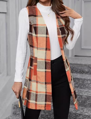 IDEALSANXUN Long Plaid Vest for Women Fall Winter Trench Coat Sleeveless Blazer Jacket Cardigan Wool Vest Top Waistcoat3
