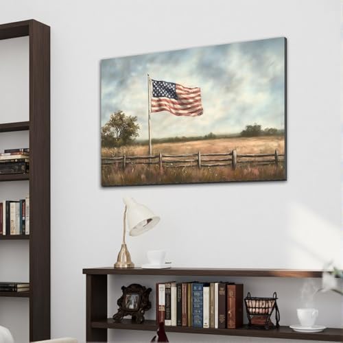 Image of Framed Vintage American Flag Field Wall Art, Patriotic Rustic Canvas Art Pictures, USA Flag Wall Decor for Living Room Farmhouse Garage, Ready to Hang Made in USA