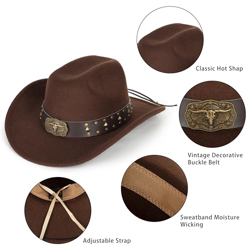 Image of Wide Brim Men and Women's Western Cowboy Hat Fedora-Jazz-Hat with Bull Head Band Decoration