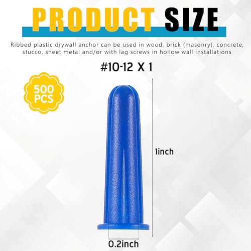Glooglitter 500 Pcs 10-12 x 1 Inch Plastic Wall Anchors Blue Ribbed Drywall Conical Anchors for Hollow Walls Concrete Brick Masonry Furniture Pictures Artwork Decor Light Duty Anchoring Application