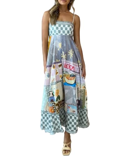 GRMLRPT Vestido Largo para Mujer Verano Playa Sueltos Sin Mangas Vestir Vintage Elegante Bohemio Floral Vacaciones Vestidos Casual(Azul-B,XL)
