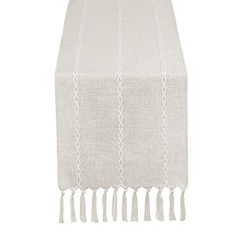 Chassic Rustic Farmhouse Style Linen Table Runner, Boho Handmade Fringe Braided Stripe Table Runners 90 Inches Long For Holiday Party, Wedding And Dining Decorations, 13 X 90 Inch - Ivory #TOP6