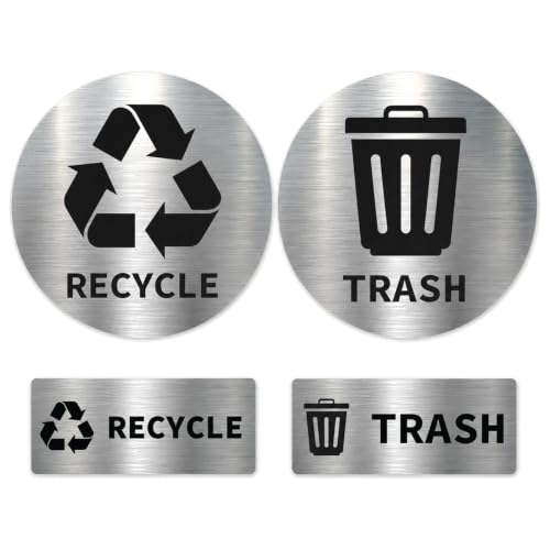 GRITKULTURE Trash and Recycling Stickers for Bins, 4-Piece Set – 2 Round and 2 Small Metallic-Look Vinyl Labels, Waterproof Removable Peel-and-Stick Decals for Kitchen, Office and Garage