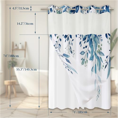 TTNOTOP No Hook 3 in 1 Shower Curtain with Snap in Liner, Sage Blue Plants Shower Curtain Set for Bathroom with See Through Top Window, Machine Washable Waterproof Polyester Fabric Curtain, 71Wx74H by TTNOTOP - Image 5