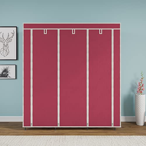 Image of Maison & Cuisine Collapsible Wardrobe Portable Foldable Closet for Clothes Almira, 2 Hanging Space, 8 Shelves and 2 Side Pocket (Non-Woven Fabric 90 GSM, Metal Rod) (88230M-N, Maroon)