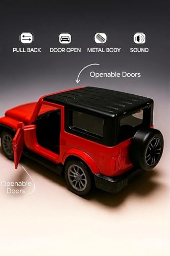 Image of 1:32 Scale DieCast Metal Toy Car Pull Back Action Openable Doors 4x4 Thar /Jeep Premium Car Toy, with Light and Music, for Ages 3-10 Years (RED)