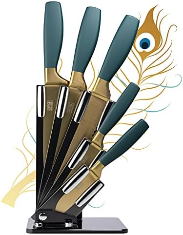 Satin Gold Kitchen Knife Block Set - Ultra Modern Fan Shaped Storage Holder. 5 Small to Large Razor Sharp, Titanium Coated, Stainless Steel Knives with Matt Peacock Blue Comfort Handles