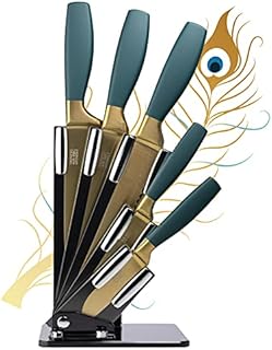 Satin Gold Kitchen Knife Block Set - Ultra Modern Fan Shaped Storage Holder. 5 Small to Large Razor Sharp, Titanium Coated, Stainless Steel Knives with Matt Peacock Blue Comfort Handles