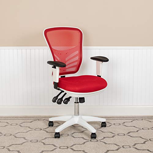 Flash Furniture Nicholas Mid-Back Red Mesh Multifunction Executive Swivel Ergonomic Office Chair With Adjustable Arms And White Frame #TOP1