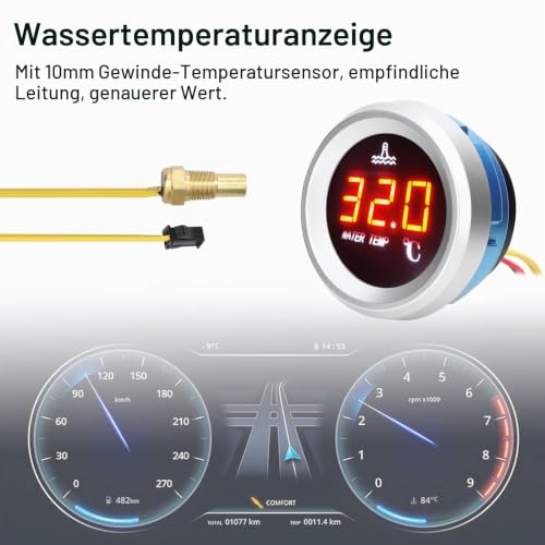 Sunydog 9V-36V 52mm Wassertemperaturanzeige, Digitales Automessgerät, LED-Anzeige Kfz-Messgerät mit Alarmfunktion und Temperatursensor, Digitalanzeige mit Sensor für Autos