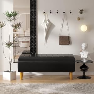 VECELO Modern Soft PU Leather Storage Bench 44 Shoestool with 61 Deep Storage Space Easily Stores Books Blankets Pillows Ideal for Entryway Living Room Bedroom Easy to Clean Black