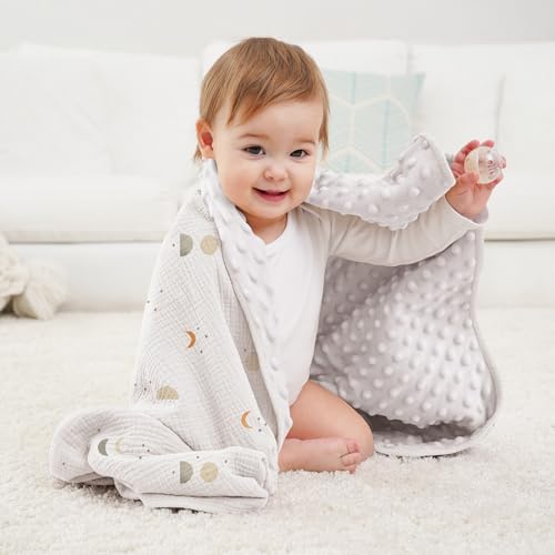 Image of Susurration Baby Blanket for Unisex Boys Girls, Soft Nursery Minky Blanket with Muslin Cotton Front and Dotted Fleece Back, Receiving Blanket for Baby Newborn Infant, 30x40inch