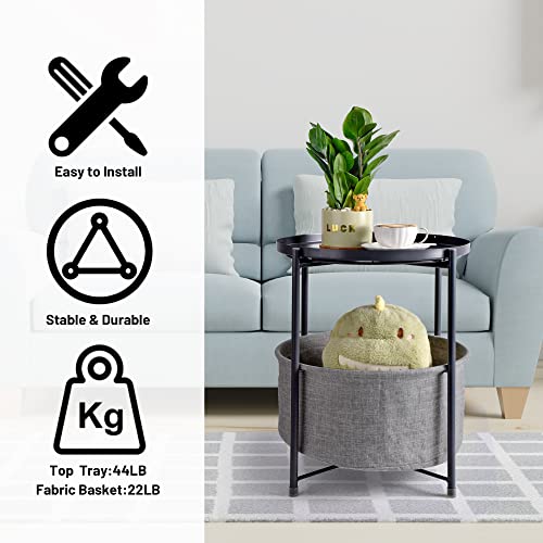 Round Side Table With Fabric Storage Basket, Nightstand,Metal Side Table, Coffee Round Table,Sofa Side Snack Table, End Table With Removable Tray Top For Living Room, Bedroom, Nursery, Laundry (Black) #TOP4
