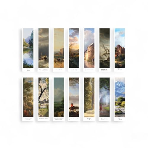 Image of Vintage Landscape Bookmarks - Set of 14 Aesthetic Nature Scene Designs (15x4 cm) with Free Art Postcard | Paper Bookmarks for Books, Journaling & Gifting