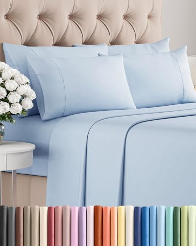 Image of King 6 Piece Bed Sheet Set - Comfy, Breathable & Cooling Sheets - Sky Blue | Ultra Soft Hotel Luxury Bedding Set w / 8-16 Inch Deep Pockets - 1 Flat & 1 Fitted Sheet & 4 Pillowcases - Wrinkle & Fade Free
