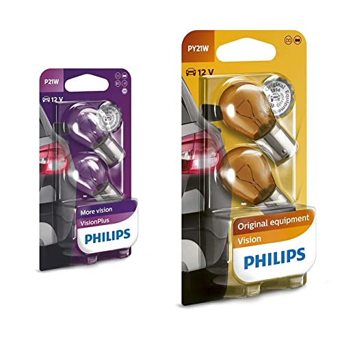 Philips Visionplus P21W, Lampe De Signalisation, Blister De 2 12496NAB2 Lot de 2 Ampoule Feu Clignotant, Eclairage Auto, Blanc