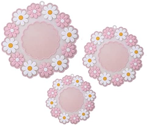 Silicone Round Placemats Set of 3, Daisy Flower Shape Heat Resistant Trivets Pot Holder Mats, Cup Potholders, Pot Holders, Non-Slip Insulation Hot Pads for Kitchen (Pink)