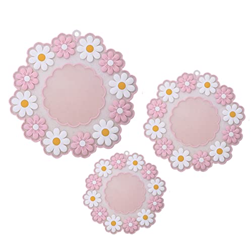 Silicone Round Placemats Set Of 3, Daisy Flower Shape Heat Resistant Trivets Pot Holder Mats, Cup Potholders, Pot Holders, Non-Slip Insulation Hot Pads For Kitchen (Pink) #TOP2