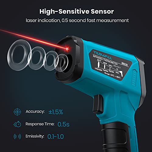 Tilswall Infrared Thermometer, Non-Contact Digital Laser Thermometer with Probe, -58°F to 1472°F(-50~800°C), Adjustable Emissivity, High/Low Temperature Alarm, for Cooking/BBQ/Freezer(NOT for Human)
