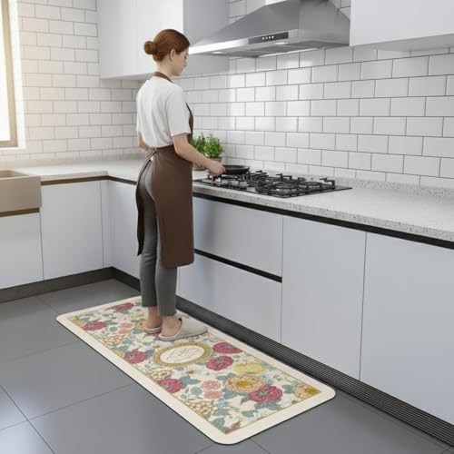 Image of HomeCloud Rubber Kitchen Mats for Floor Set of 2 Pcs|Non-Skid, Soft Absorbent Rugs for Kitchen, Laundry, and Hallway|120x40cm, 40x60cm| 4mm Thickness (Botanica Beige Pink)