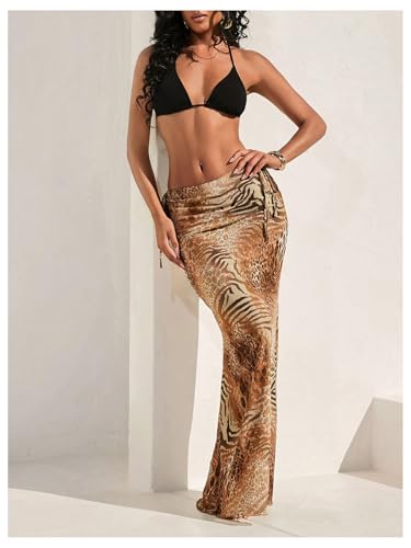 GORGLITTER Women's Leopard Cheetah Print Bodycon Maxi Skirts Trendy Summer Animal Bow Mesh Low Waisted Y2k Long Skirts4