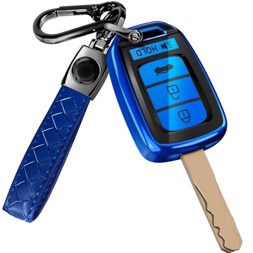 Lucrum Compatible with Honda Key Fob Cover & Leather Keychain - TPU Keyfob Case for Accord Civic CR-V HR-V Pilot Ridgeline SE LX, For 4 Button Remote (2014-2022) - Blue and Black