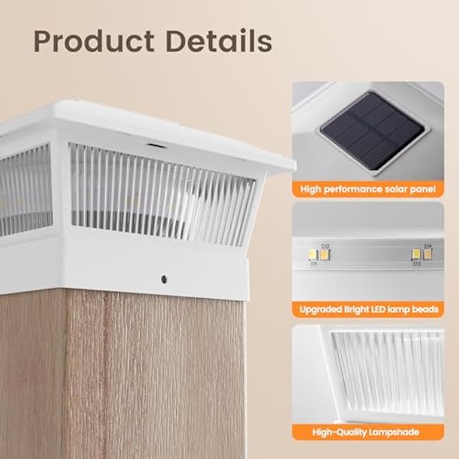 APONUO Solar Post Cap Lights, 2 Lighting Modes 16 LEDs Fence Post Lights for 4x4 5x5 6x6 Wooden/Vinyl Posts, Outdoor Waterproof Deck Solar Powered for Fence Deck Patio, White 4 Packs