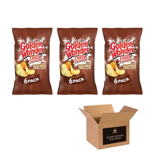 Golden Wonder Variety Crisp Pack Potato Crisps - 3 Pack of Delicious, Crunchy Snacks for Any Occasion | Family-Friendly Multi-Pack 25g (3 Pack, 6xSausage & Tomato)